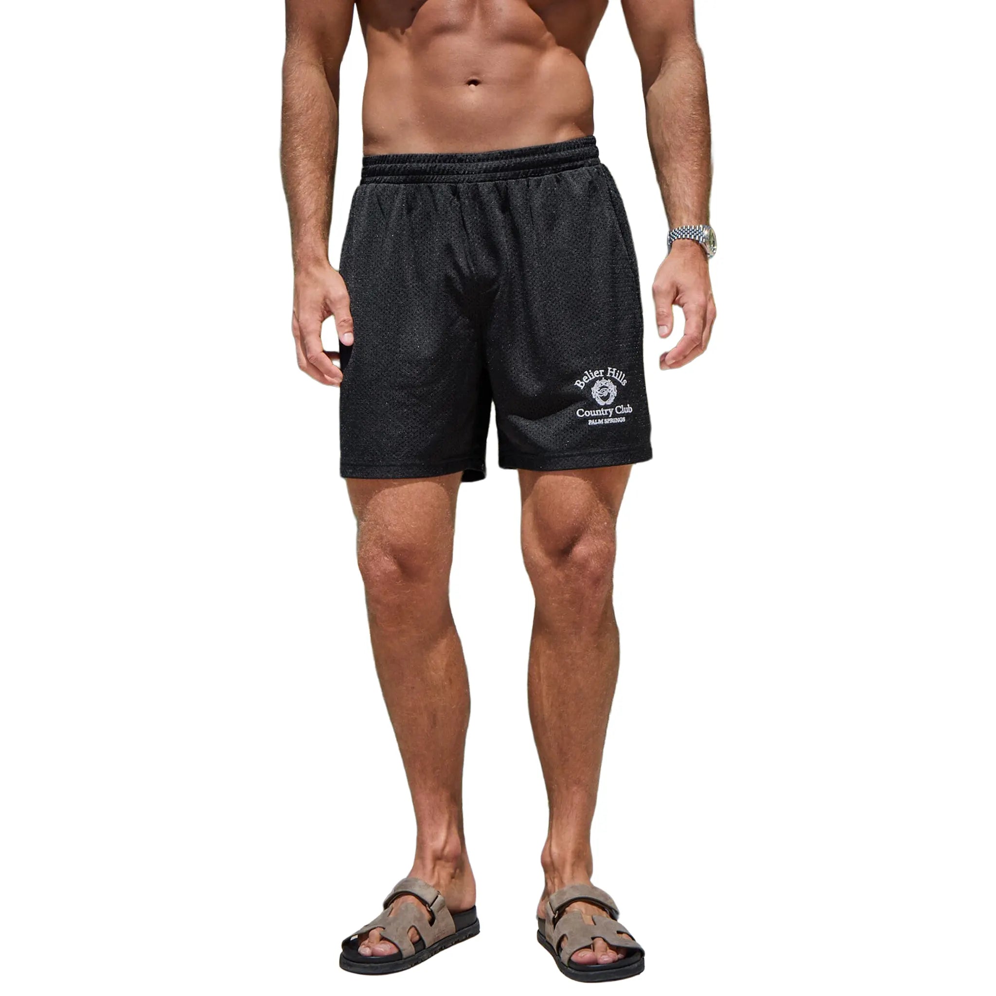 Front View of Belier Black Mesh Shorts